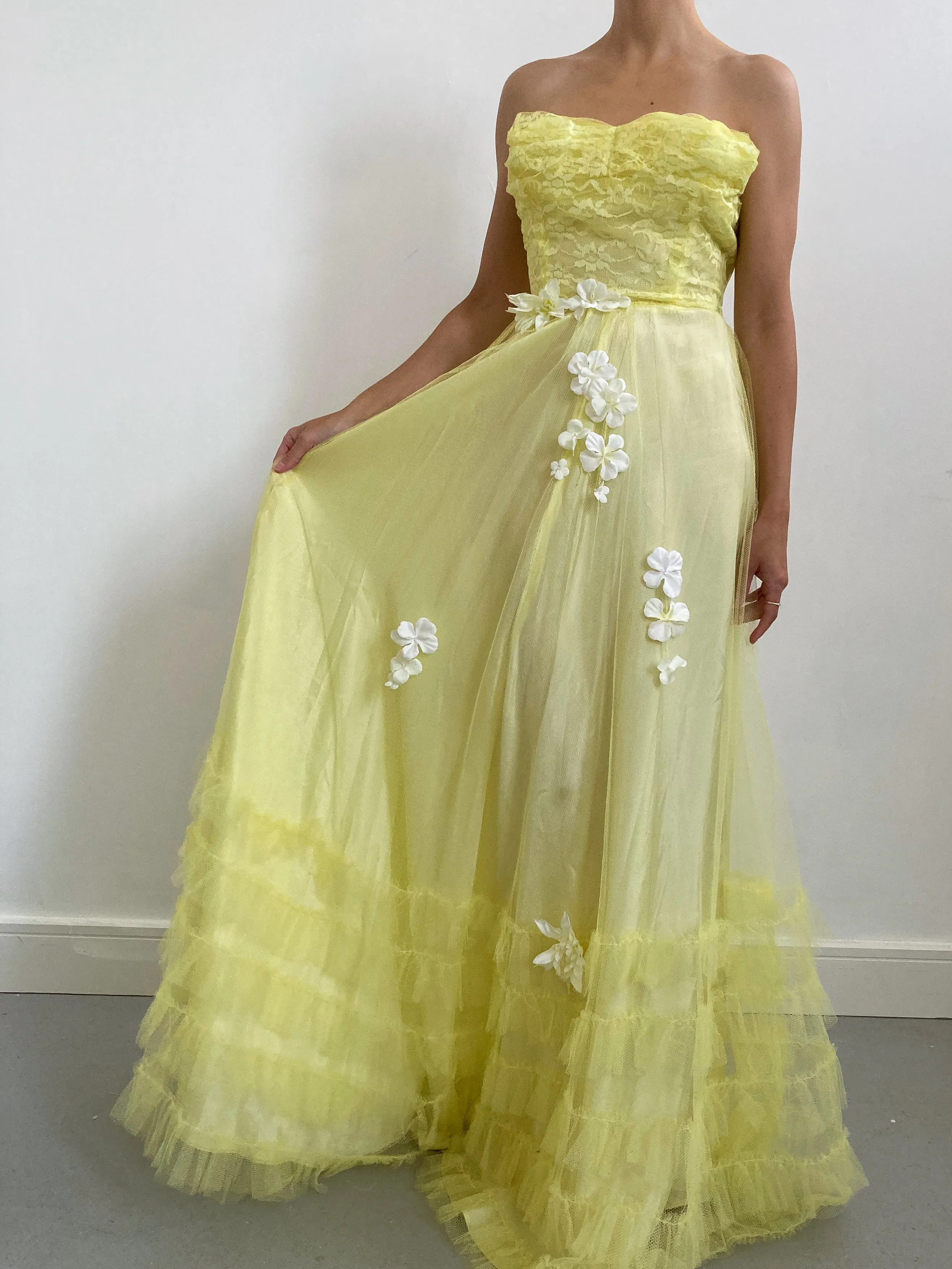 1930s Yellow Tiered Net Dress with Sweetheart Neckline & Flowers