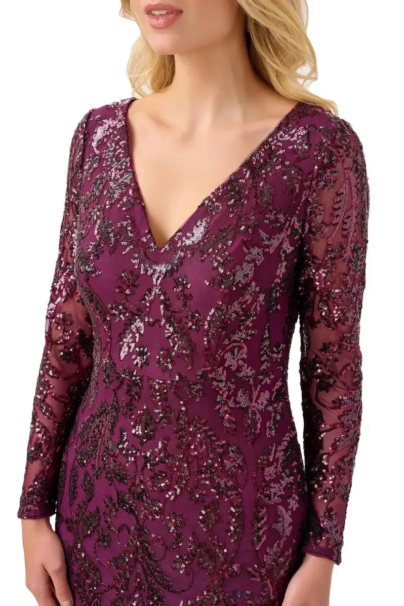 Adrianna Papell V-Neck Long Sleeve Mermaid Sequined Mesh Knit Gown