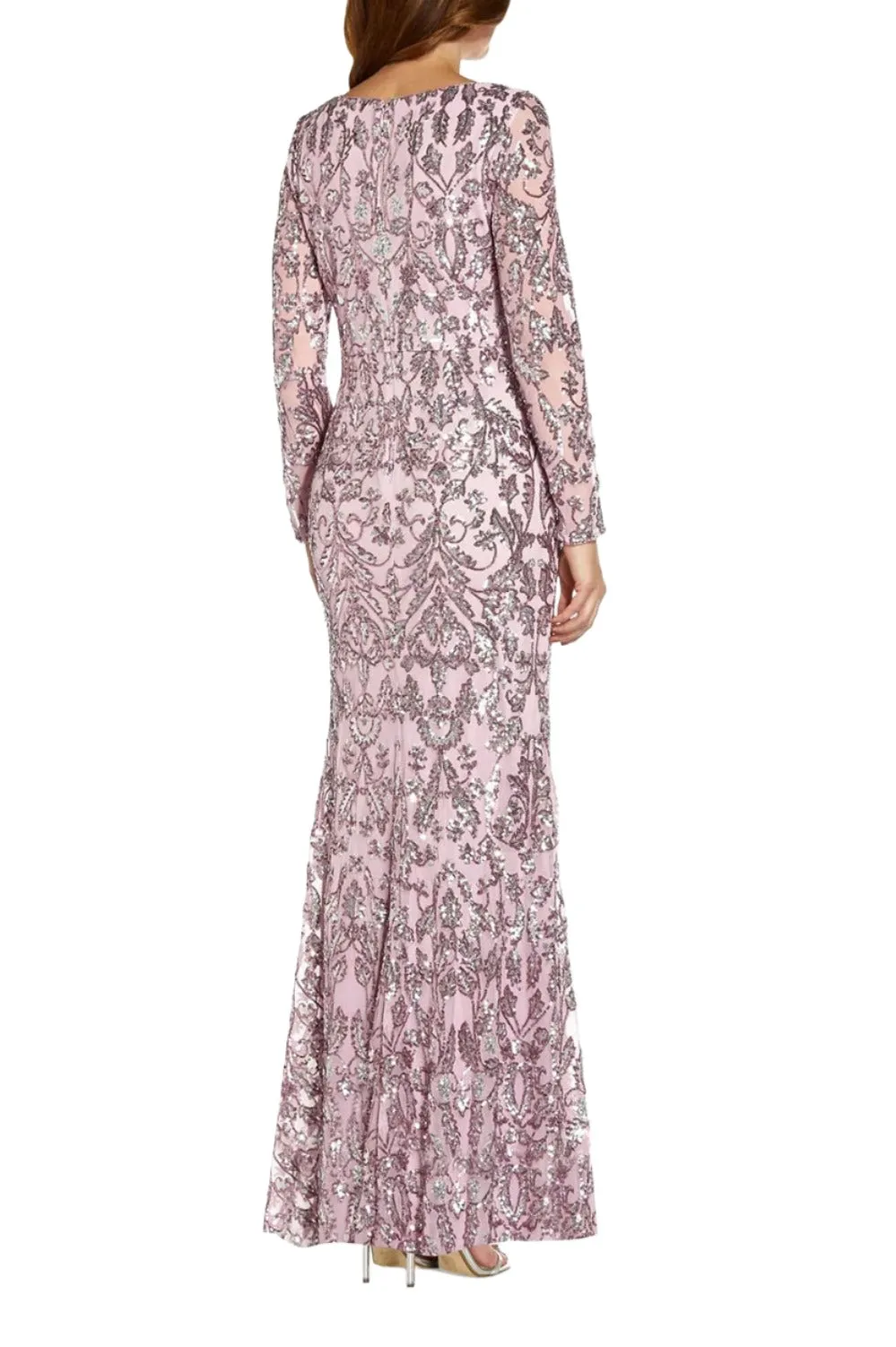 Adrianna Papell V-Neck Long Sleeve Mermaid Sequined Mesh Knit Gown