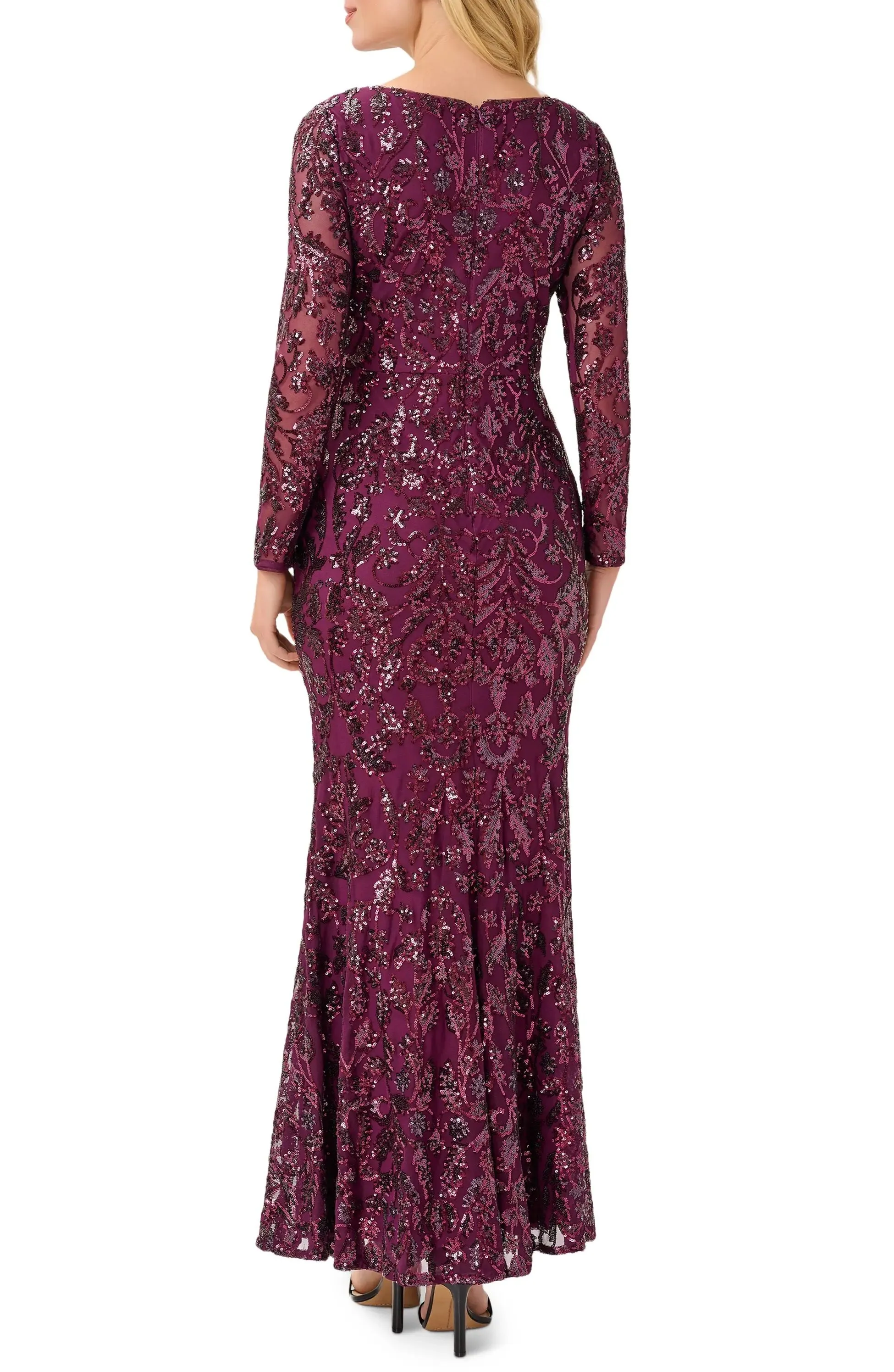 Adrianna Papell V-Neck Long Sleeve Mermaid Sequined Mesh Knit Gown