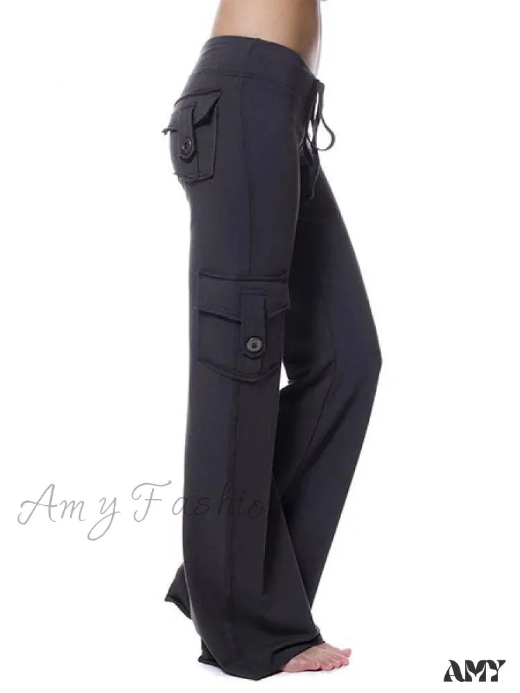 Amy Fashion - Solid Color Cargo Jogger Drawstring Elastic Waist Trousers