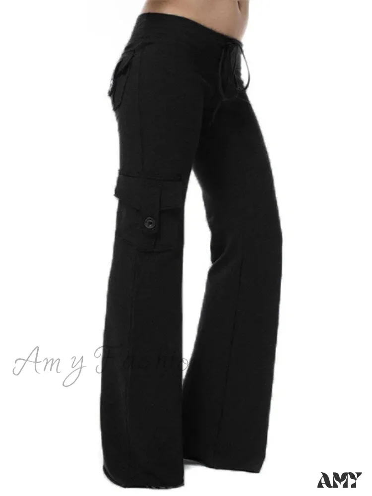 Amy Fashion - Solid Color Cargo Jogger Drawstring Elastic Waist Trousers
