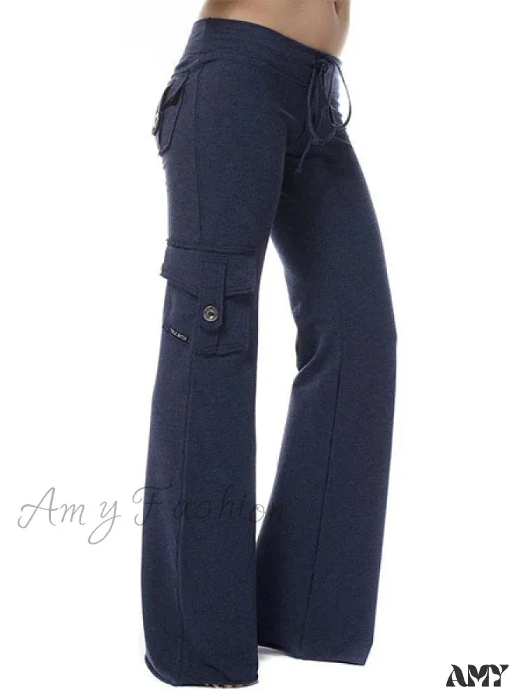 Amy Fashion - Solid Color Cargo Jogger Drawstring Elastic Waist Trousers
