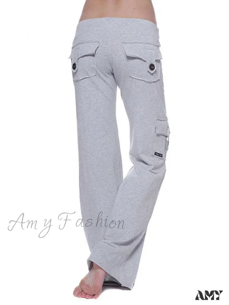 Amy Fashion - Solid Color Cargo Jogger Drawstring Elastic Waist Trousers