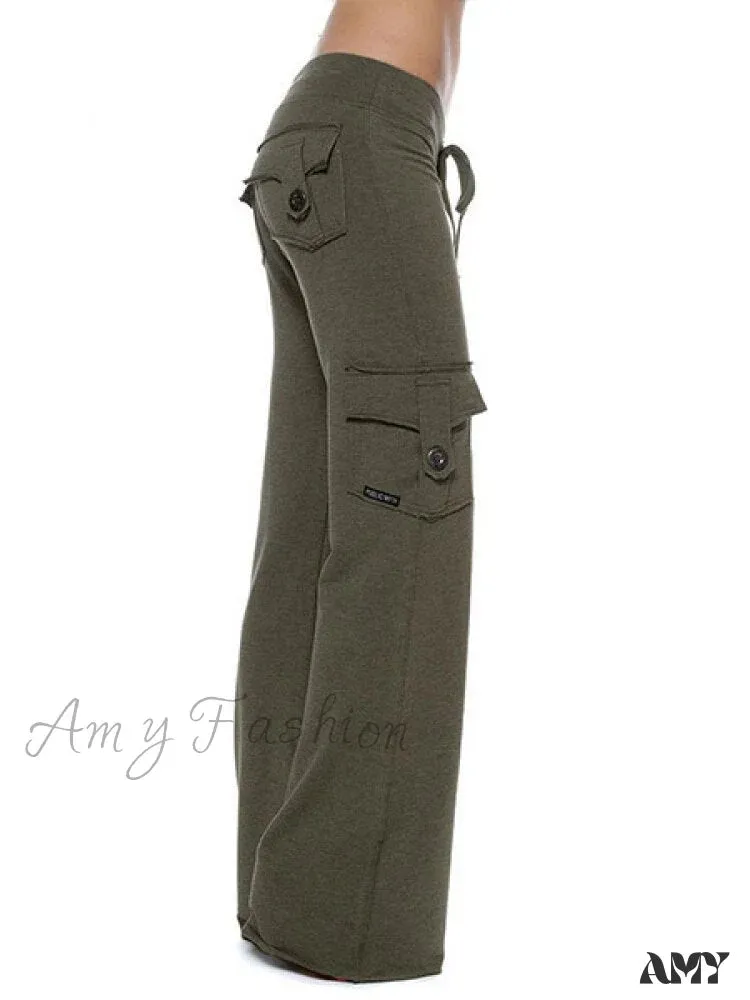 Amy Fashion - Solid Color Cargo Jogger Drawstring Elastic Waist Trousers