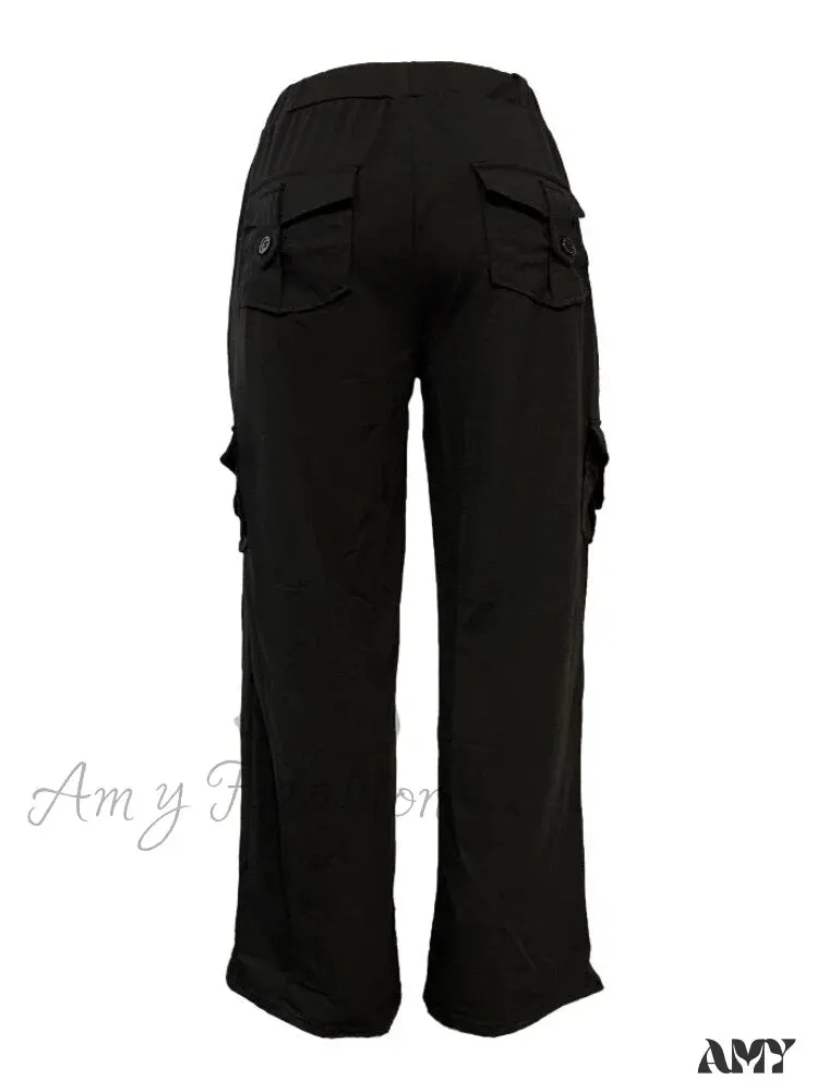 Amy Fashion - Solid Color Cargo Jogger Drawstring Elastic Waist Trousers