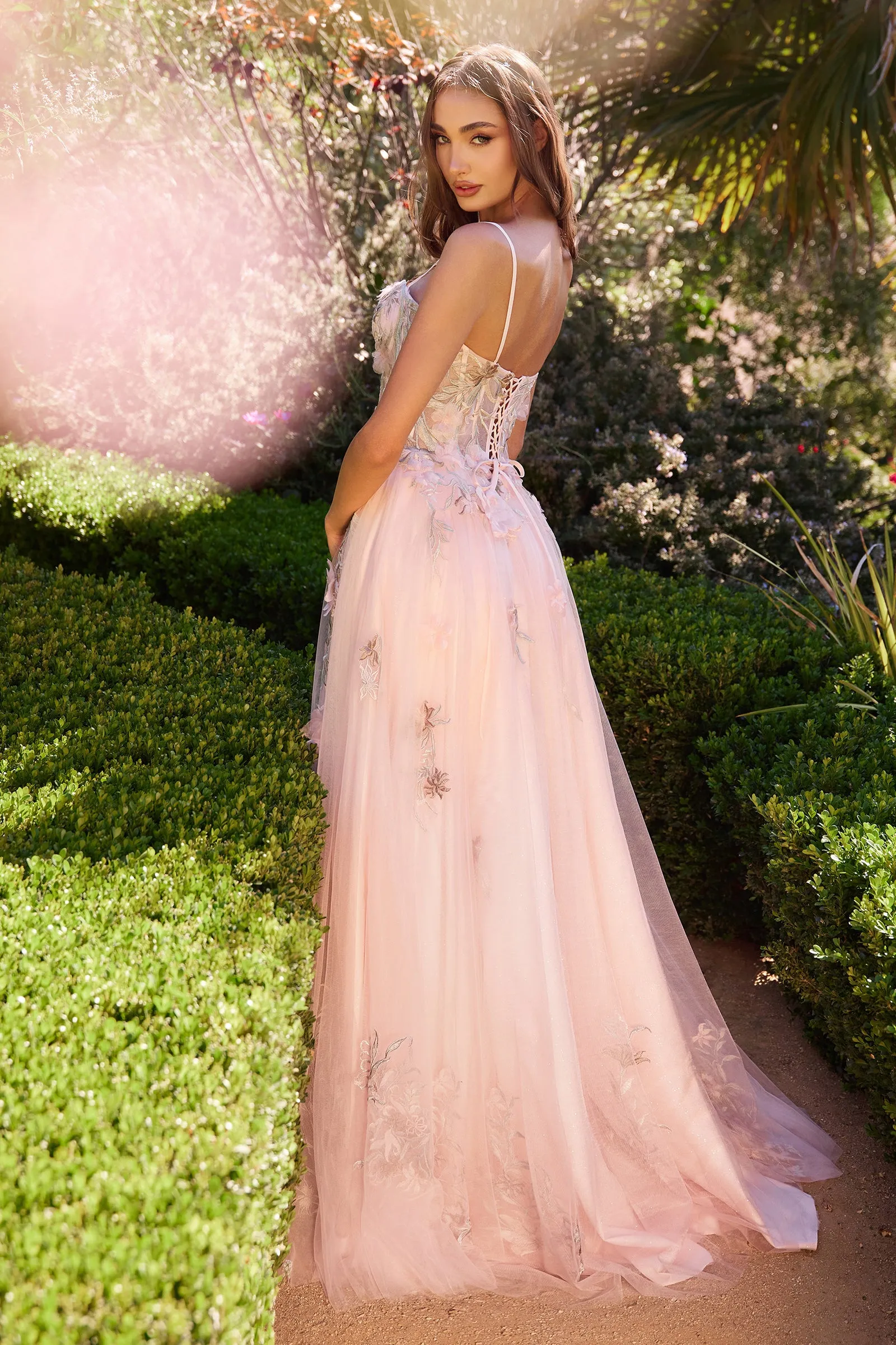 Andrea & Leo A1330 A Line Off Shoulder Pink Floral Embellished Corset Dress