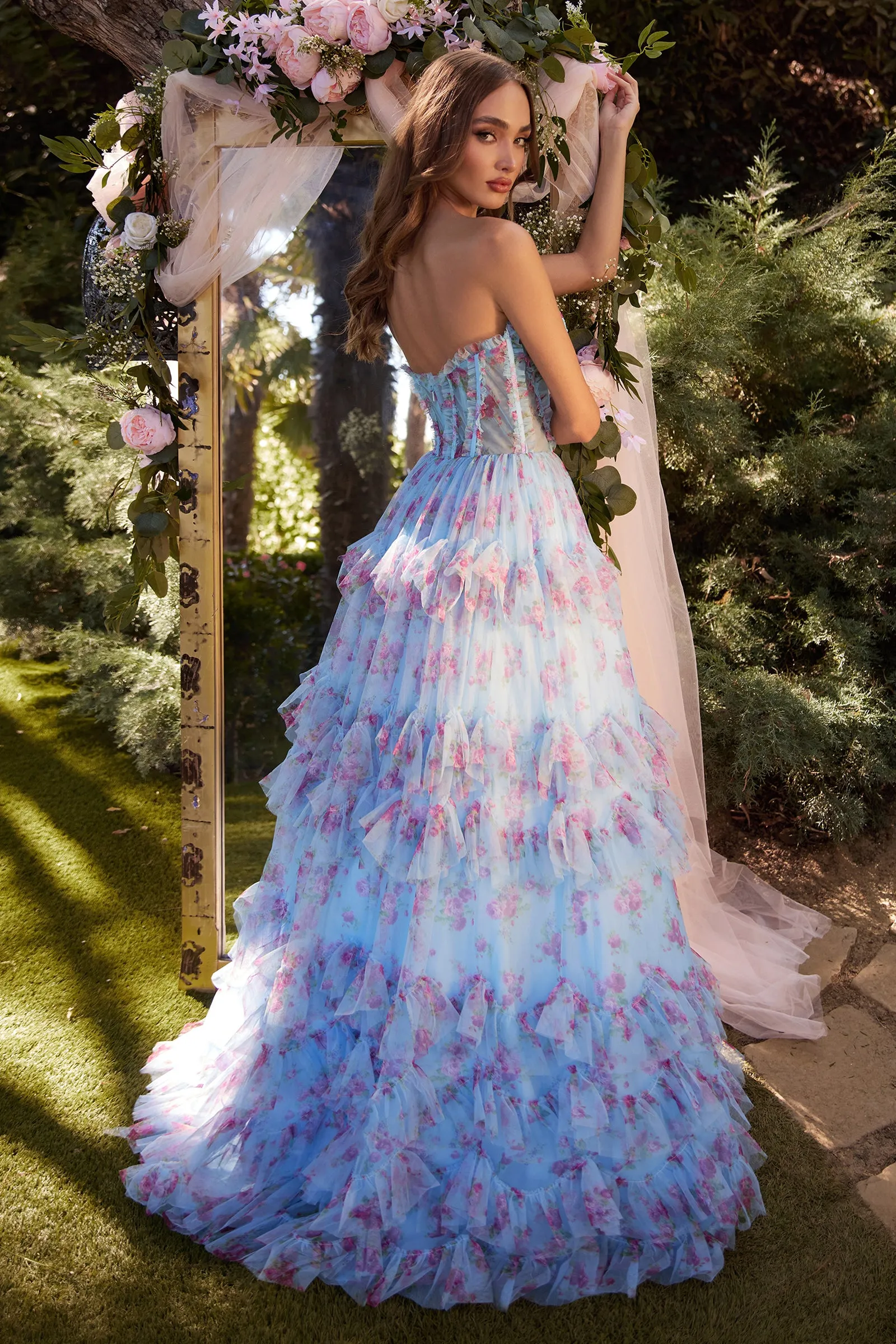 Andrea & Leo A1334 Tiered Layered Strapless Floral Dress