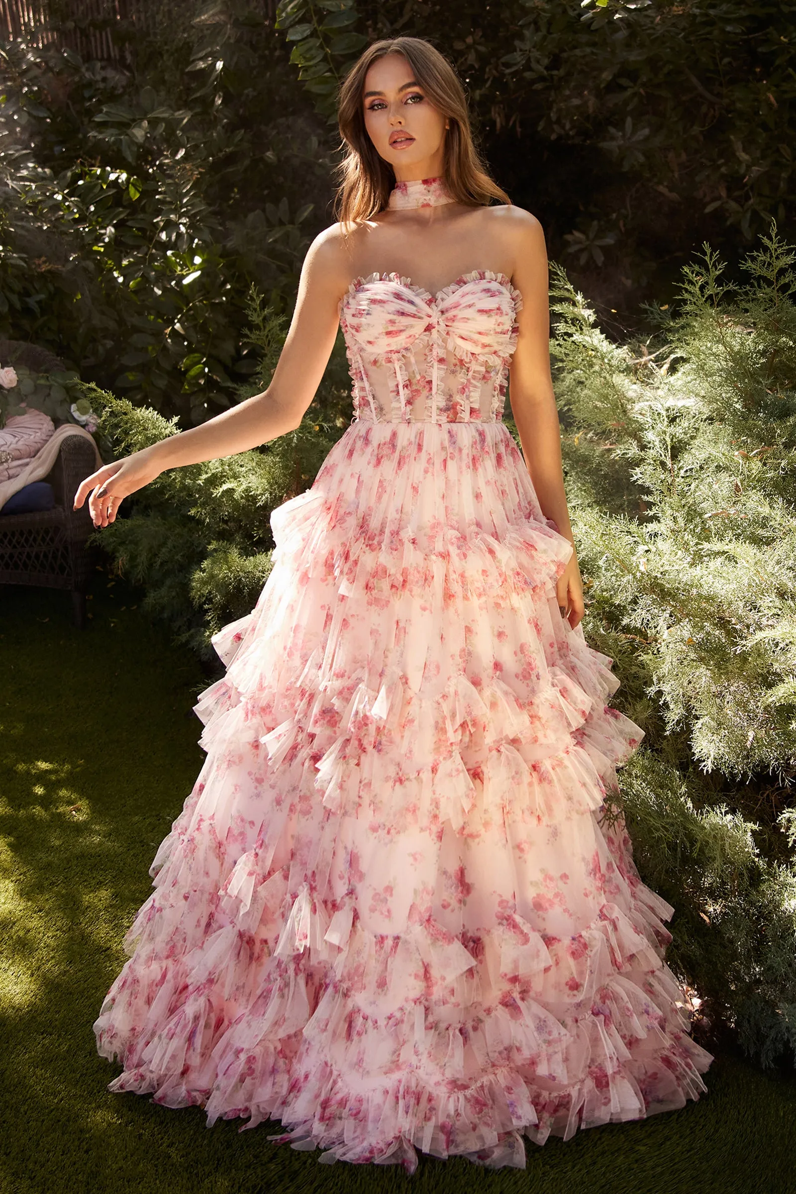 Andrea & Leo A1334 Tiered Layered Strapless Floral Dress