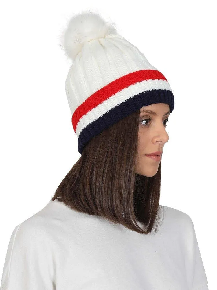FabSeasons Acrylic White Woolen Winter skull cap with faux fur lining
