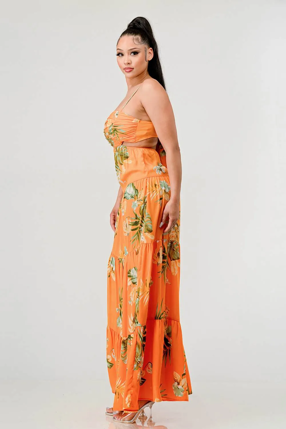 FLORAL WOOLDOBBY PRINT BACK TIE MAXI DRESS