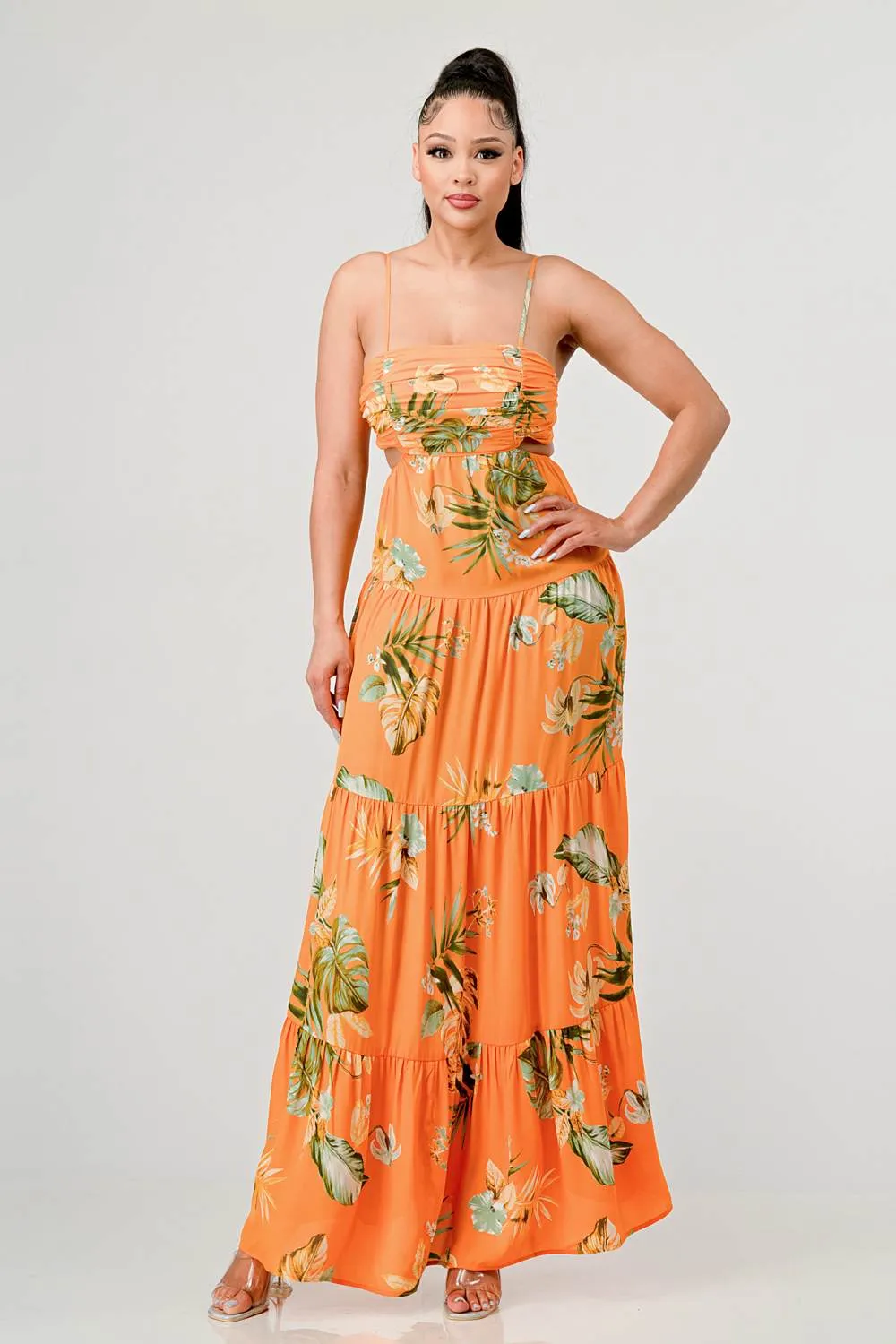 FLORAL WOOLDOBBY PRINT BACK TIE MAXI DRESS