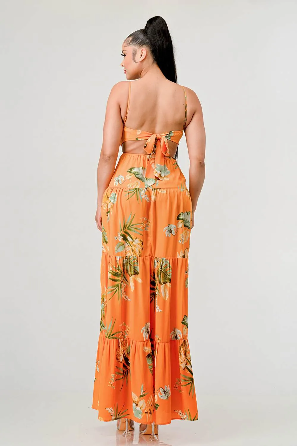 FLORAL WOOLDOBBY PRINT BACK TIE MAXI DRESS