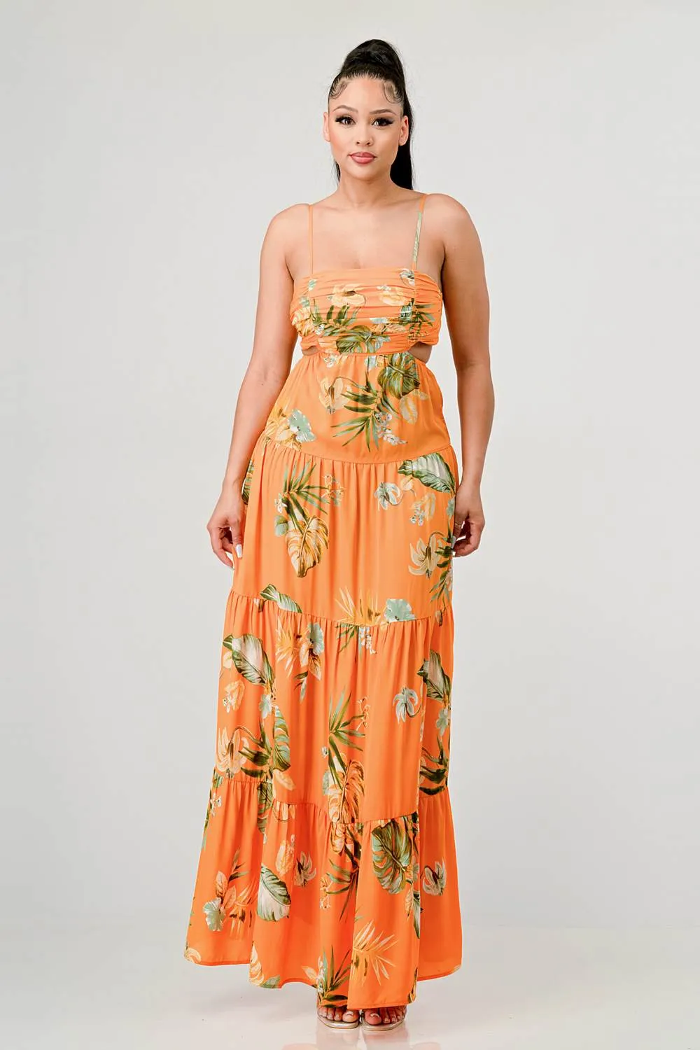 FLORAL WOOLDOBBY PRINT BACK TIE MAXI DRESS