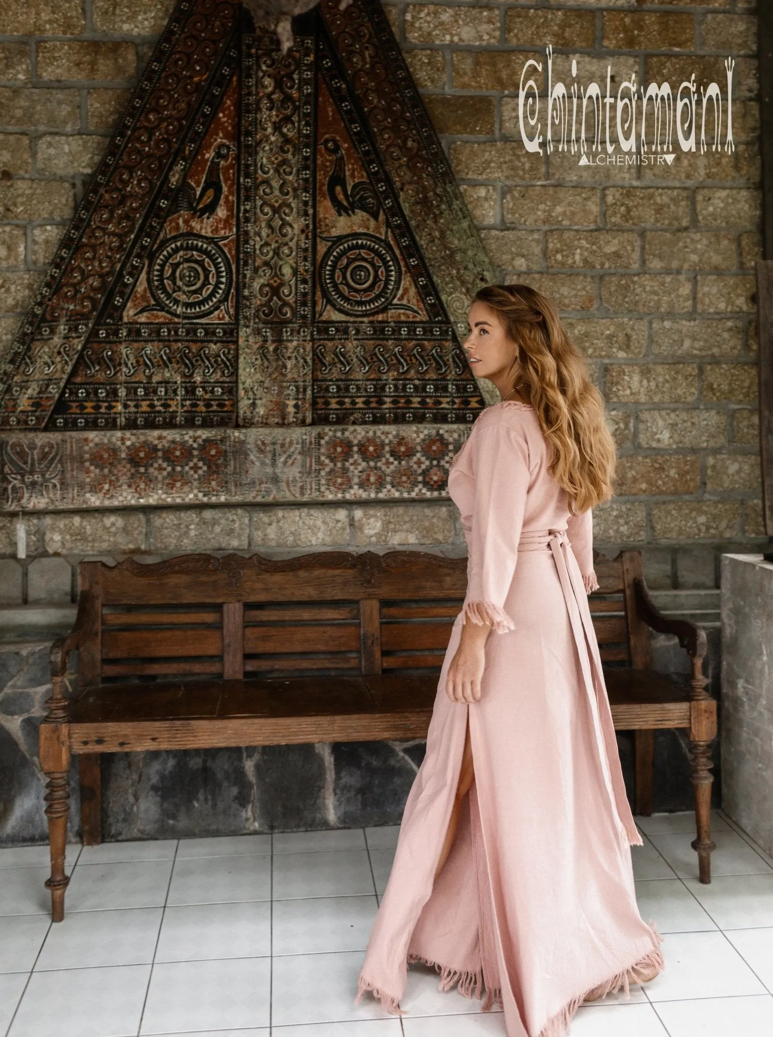 Fringe Wrap Boho Dress - 3/4 Sleeves, Cotton / Dusty Rose