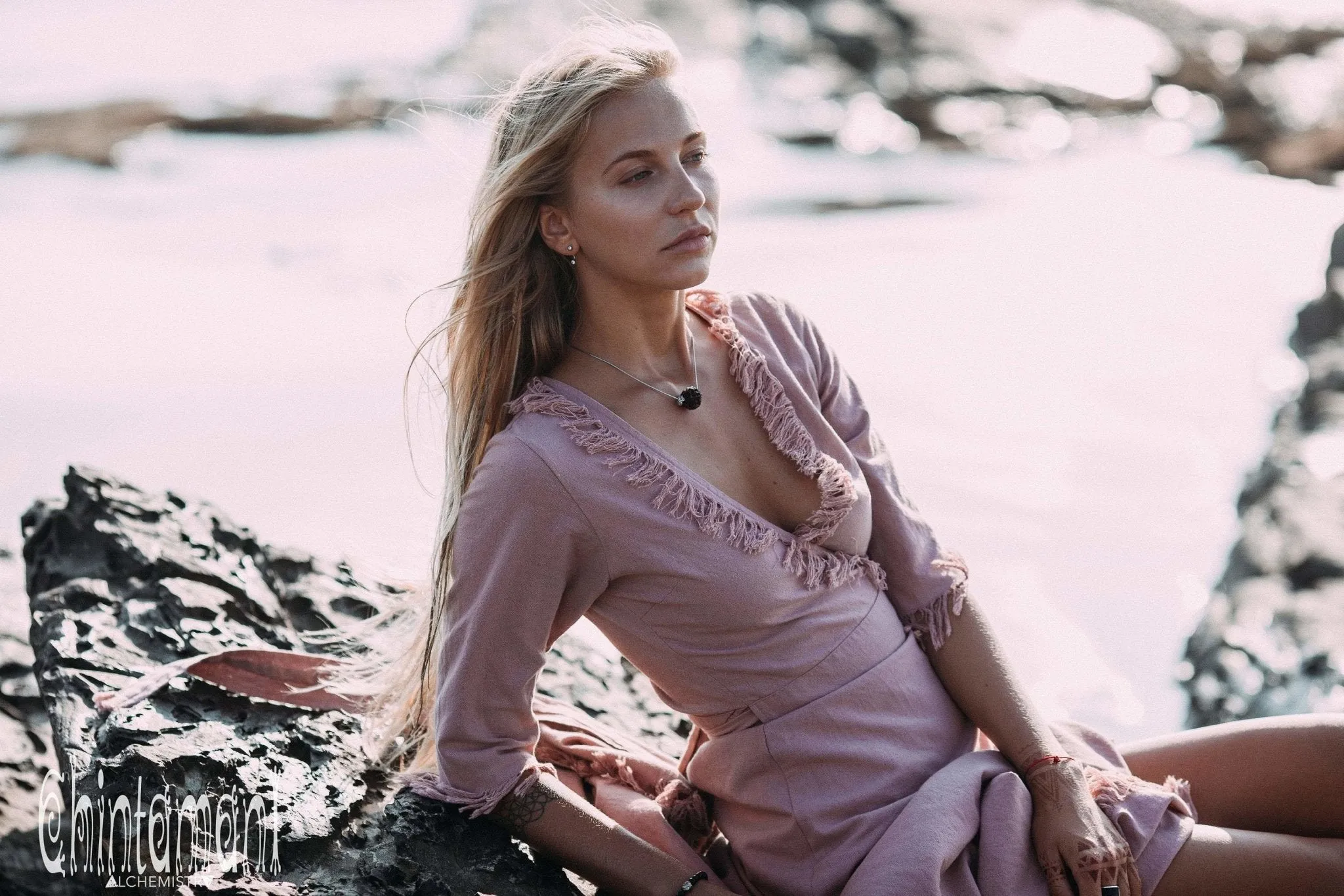 Fringe Wrap Boho Dress - 3/4 Sleeves, Cotton / Dusty Rose