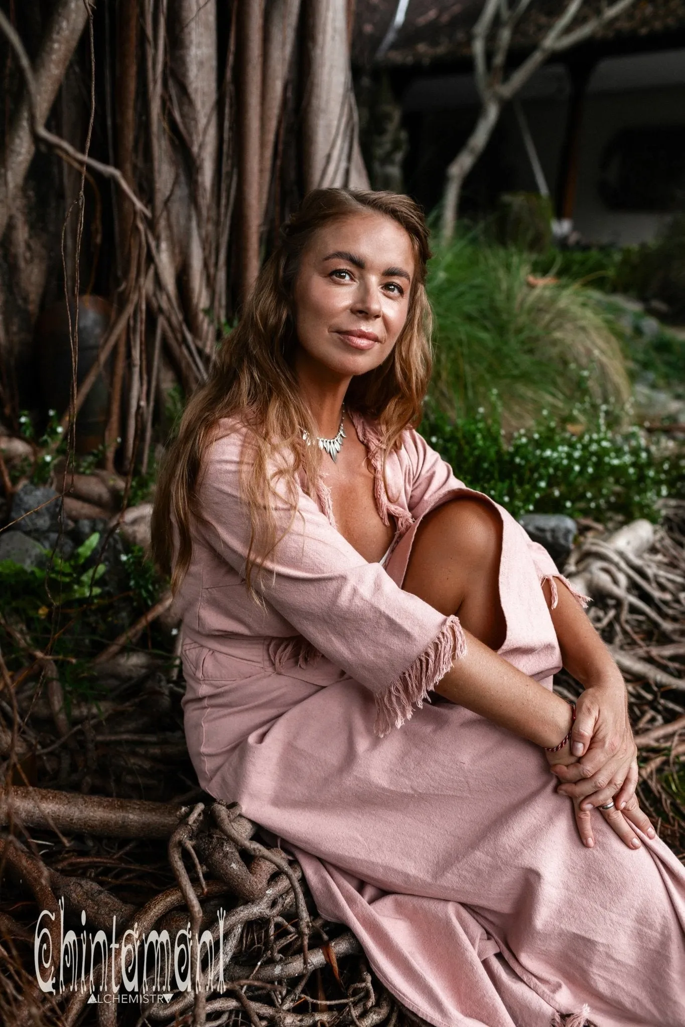 Fringe Wrap Boho Dress - 3/4 Sleeves, Cotton / Dusty Rose
