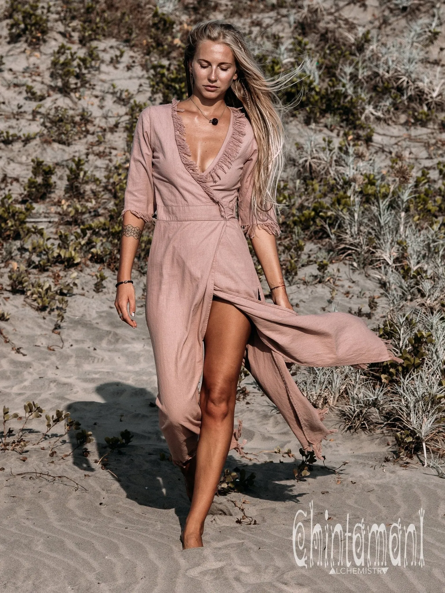 Fringe Wrap Boho Dress - 3/4 Sleeves, Cotton / Dusty Rose