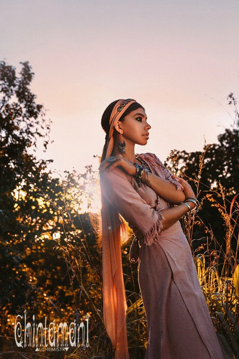 Fringe Wrap Boho Dress - 3/4 Sleeves, Cotton / Dusty Rose