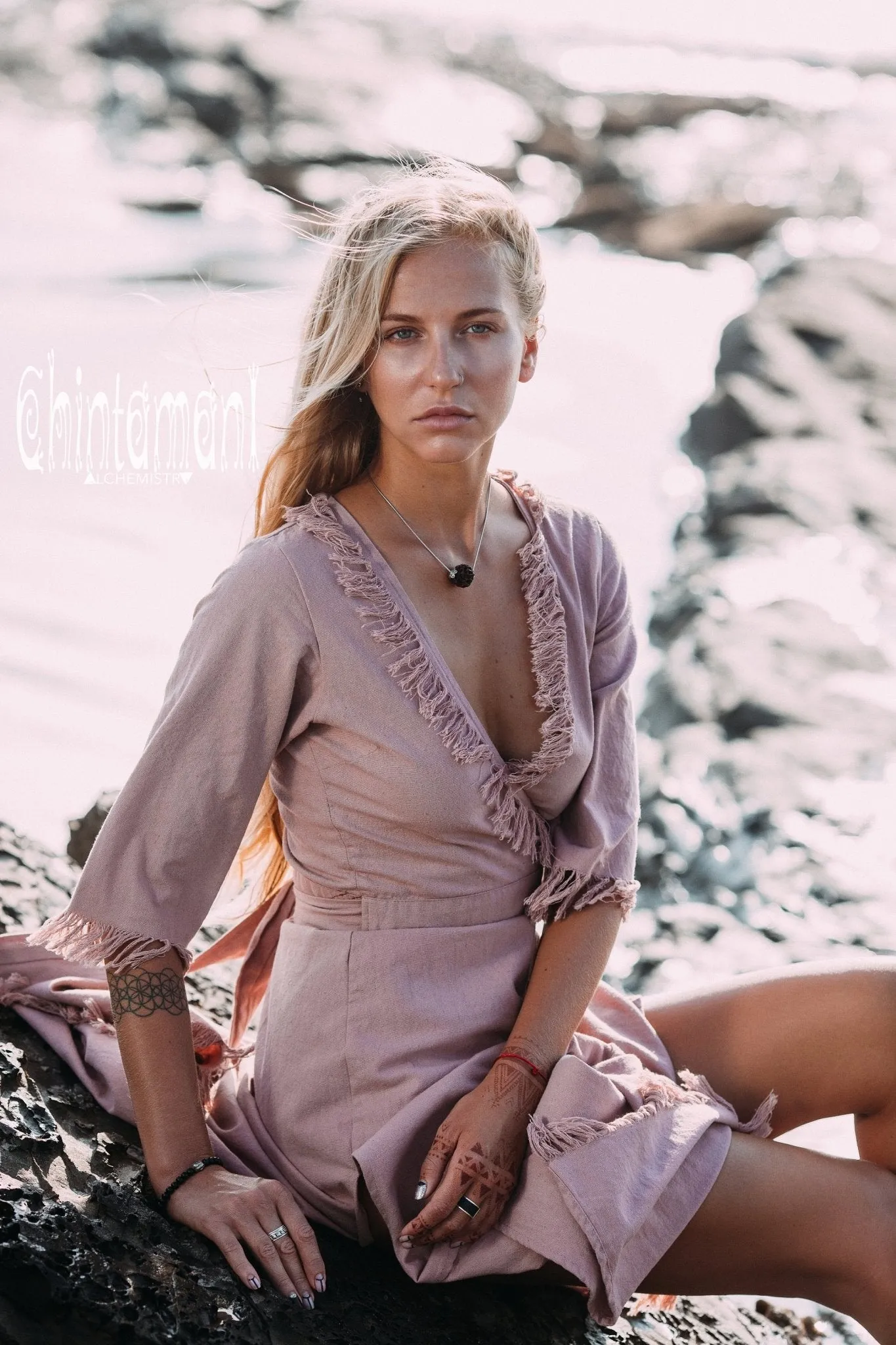 Fringe Wrap Boho Dress - 3/4 Sleeves, Cotton / Dusty Rose