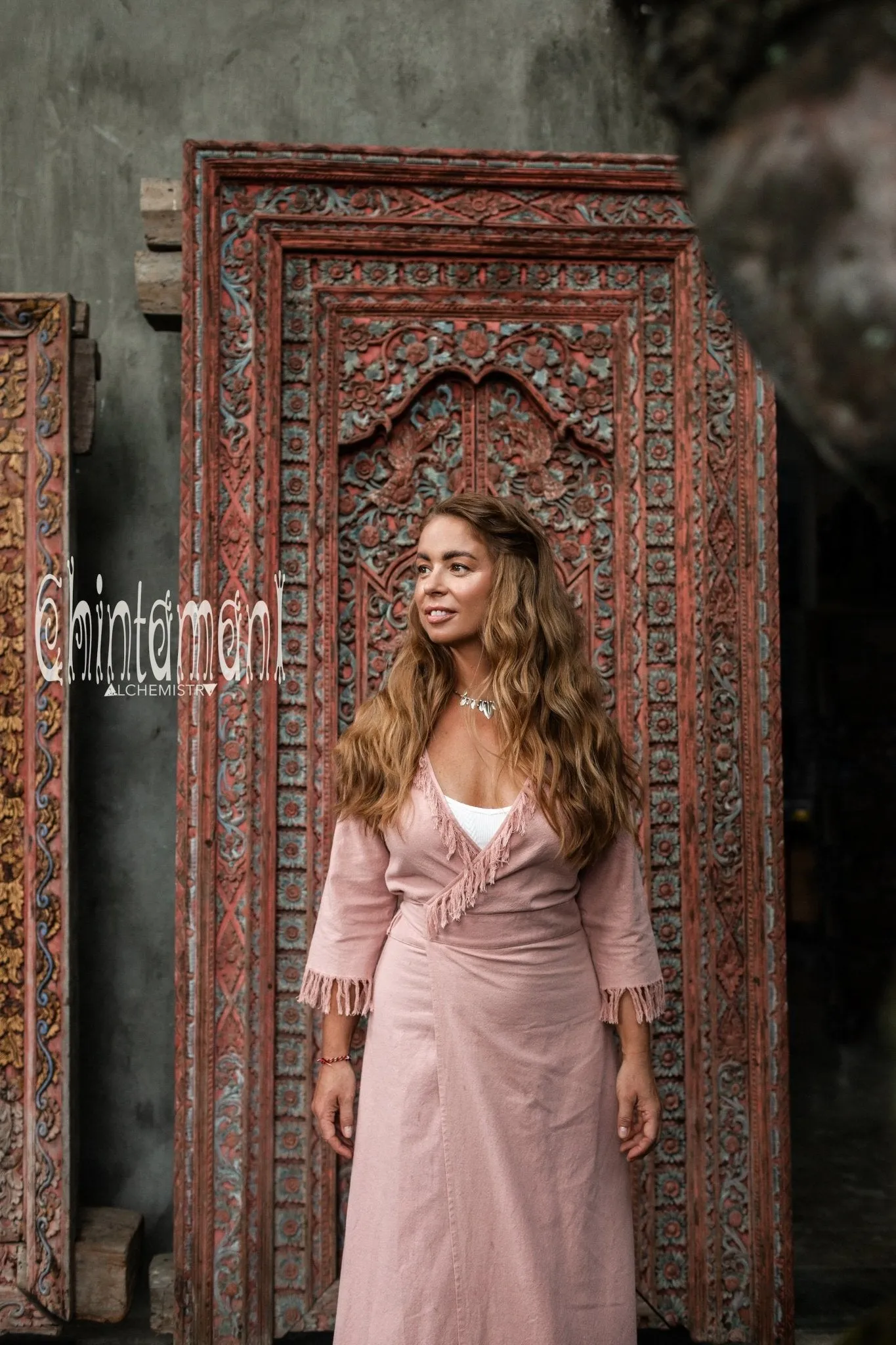 Fringe Wrap Boho Dress - 3/4 Sleeves, Cotton / Dusty Rose