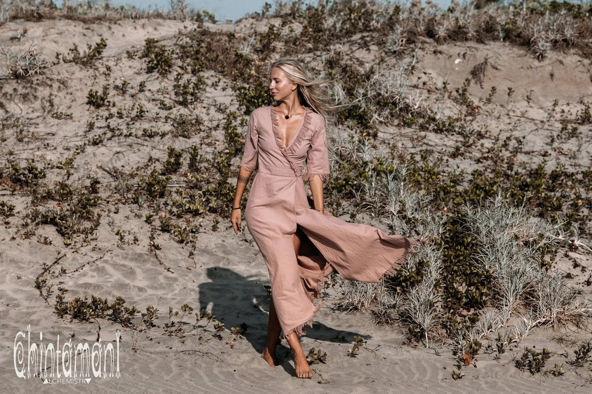 Fringe Wrap Boho Dress - 3/4 Sleeves, Cotton / Dusty Rose