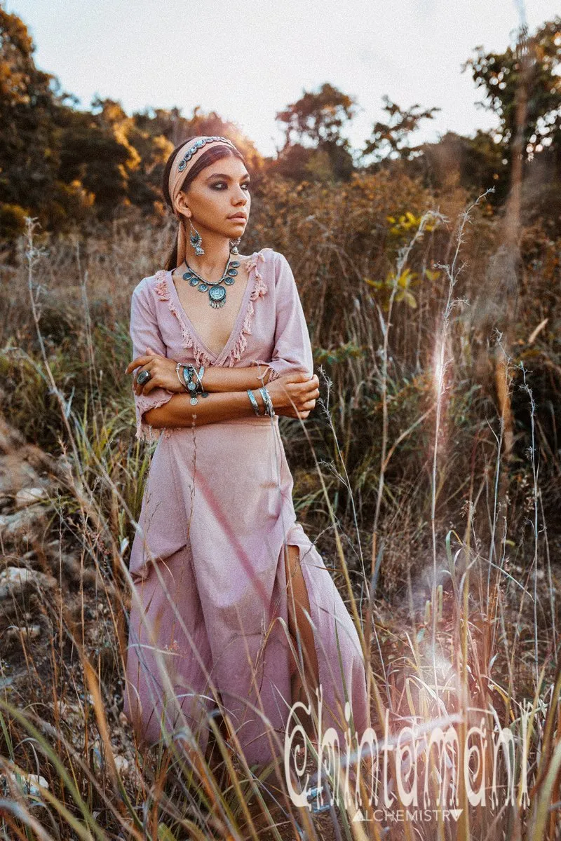 Fringe Wrap Boho Dress - 3/4 Sleeves, Cotton / Dusty Rose