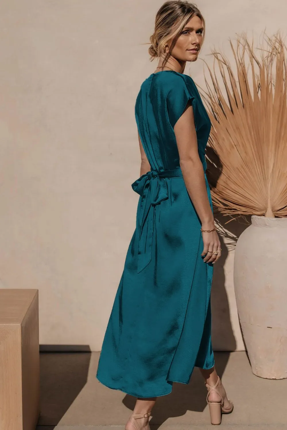 Satin Dress Short Sleeve Maxi Classy Sleek Cap Sleeve Tie Back Midi Dress Cocktail