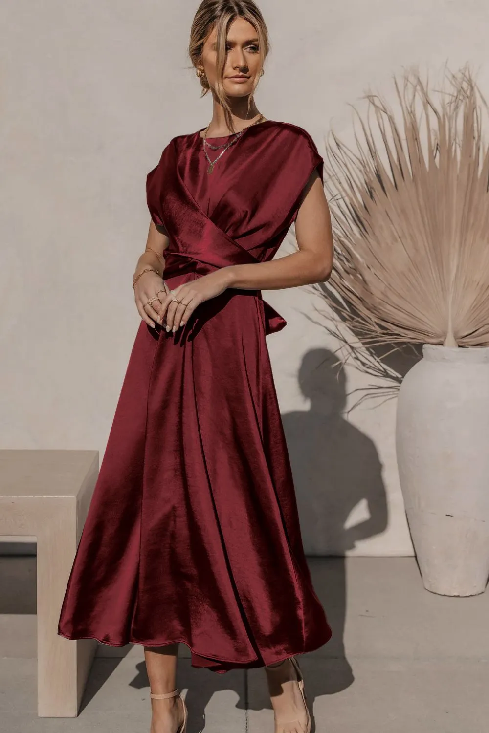 Satin Dress Short Sleeve Maxi Classy Sleek Cap Sleeve Tie Back Midi Dress Cocktail