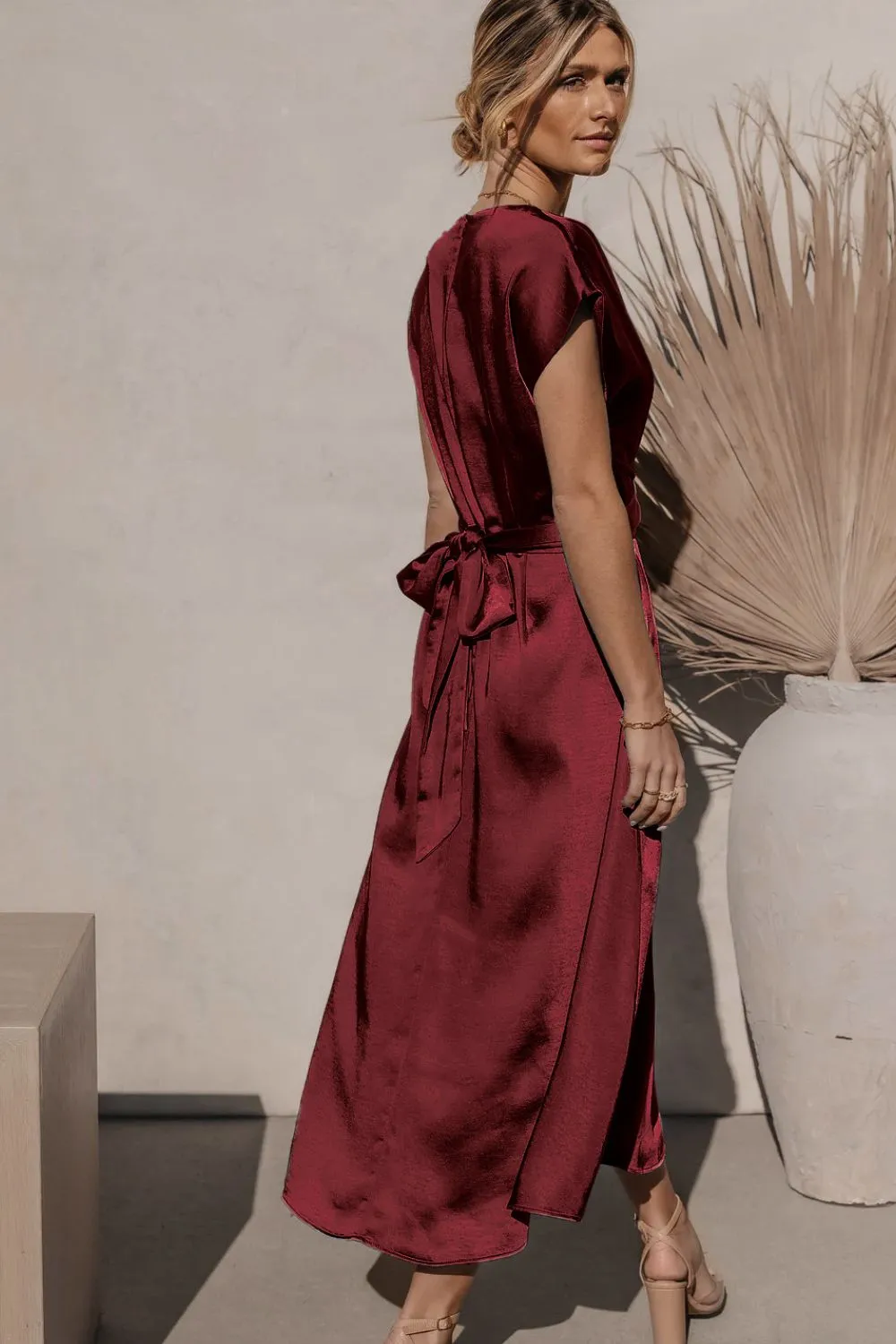 Satin Dress Short Sleeve Maxi Classy Sleek Cap Sleeve Tie Back Midi Dress Cocktail