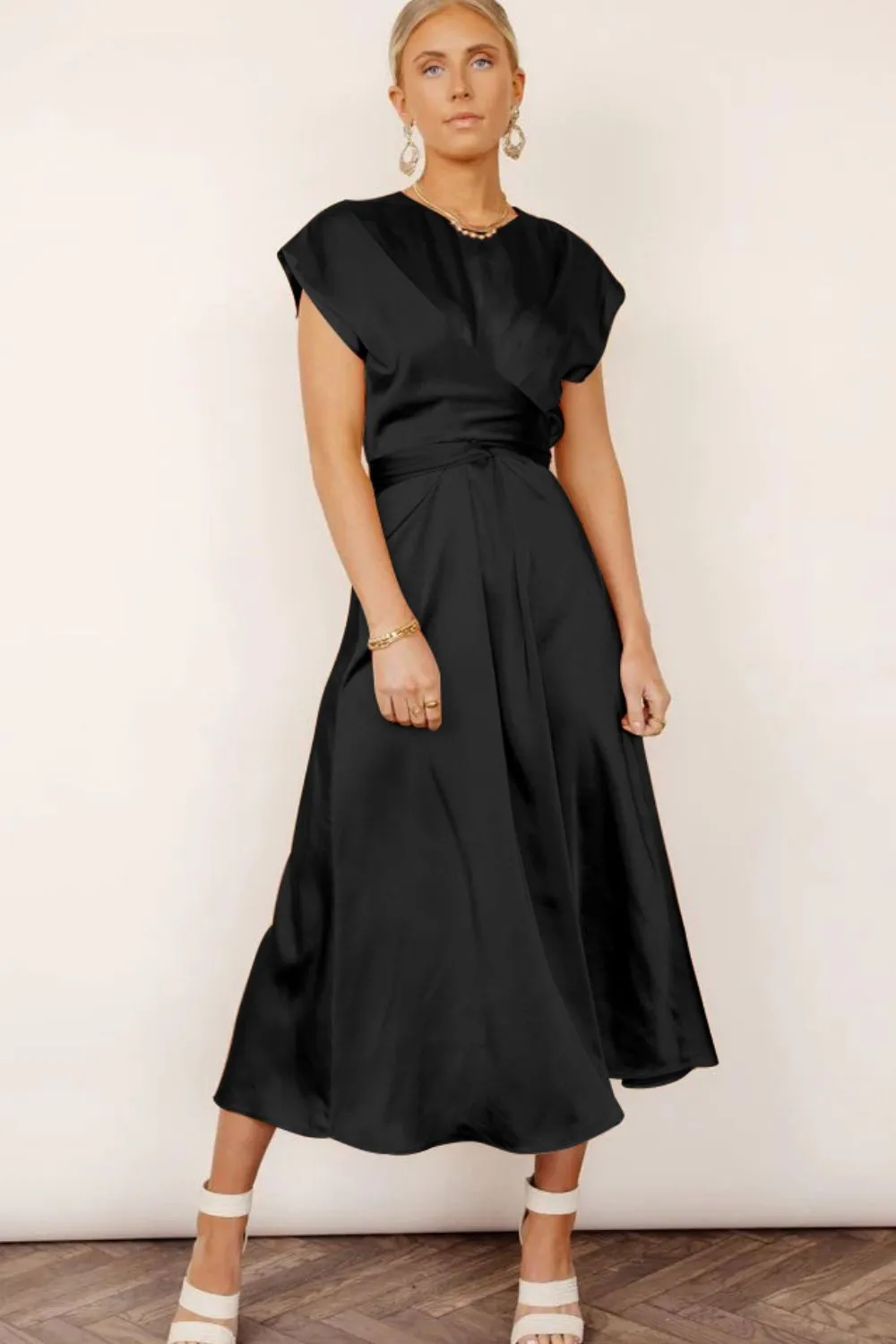 Satin Dress Short Sleeve Maxi Classy Sleek Cap Sleeve Tie Back Midi Dress Cocktail