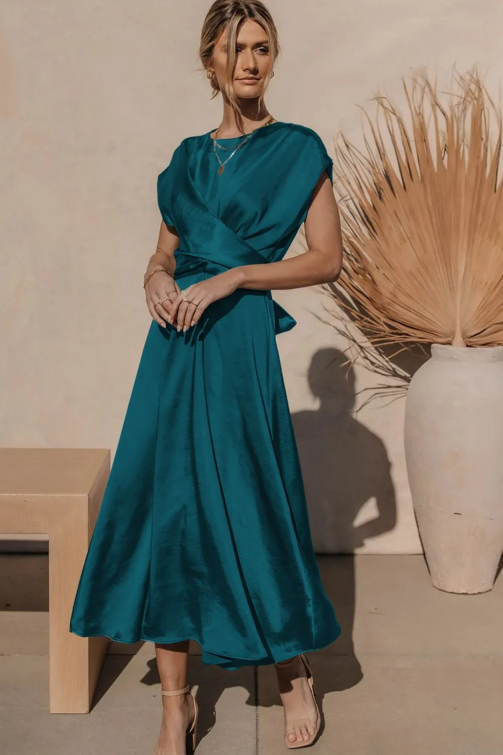 Satin Dress Short Sleeve Maxi Classy Sleek Cap Sleeve Tie Back Midi Dress Cocktail