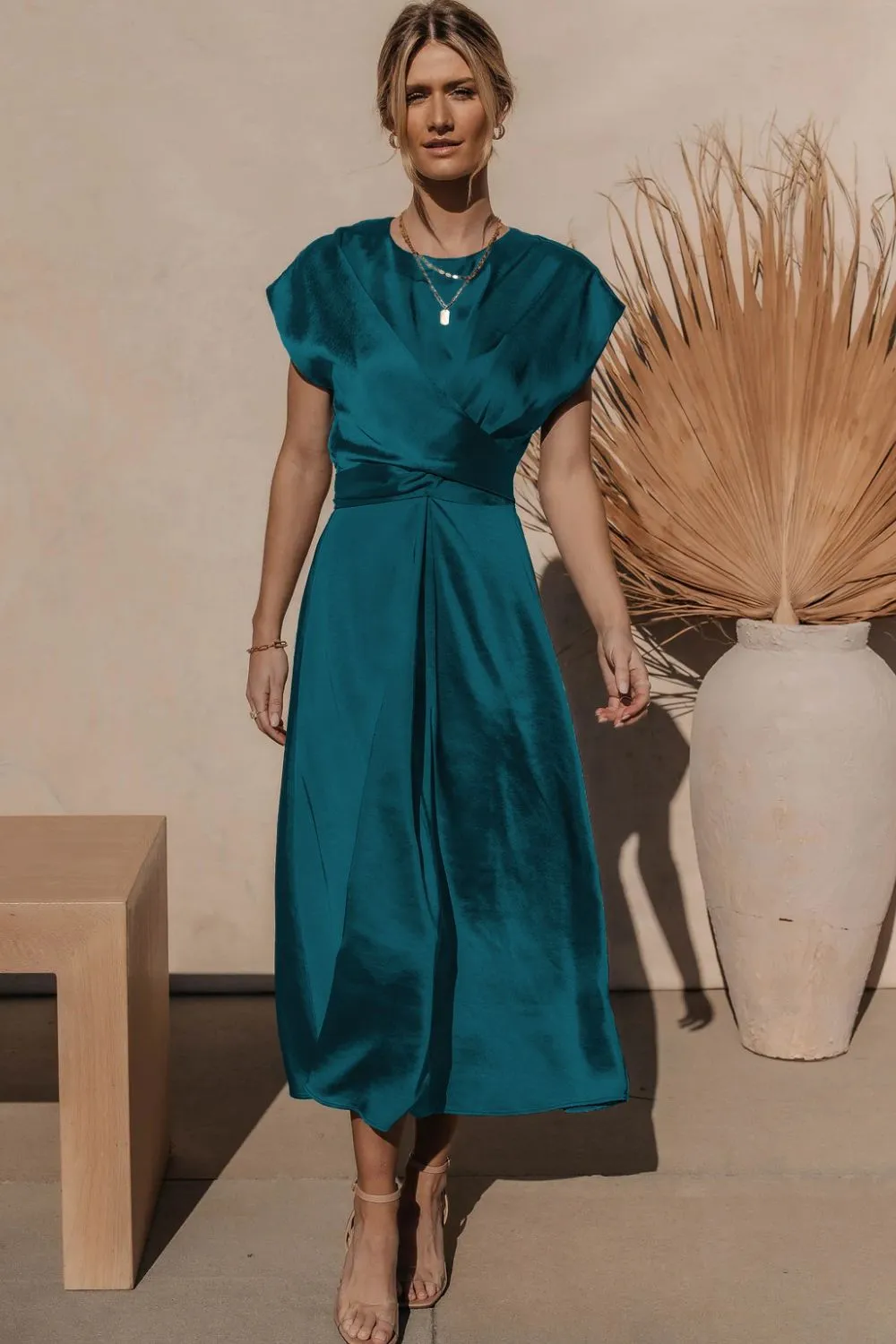 Satin Dress Short Sleeve Maxi Classy Sleek Cap Sleeve Tie Back Midi Dress Cocktail