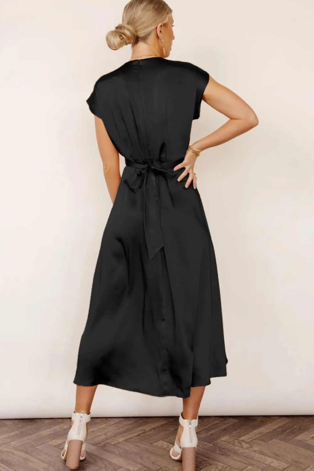 Satin Dress Short Sleeve Maxi Classy Sleek Cap Sleeve Tie Back Midi Dress Cocktail