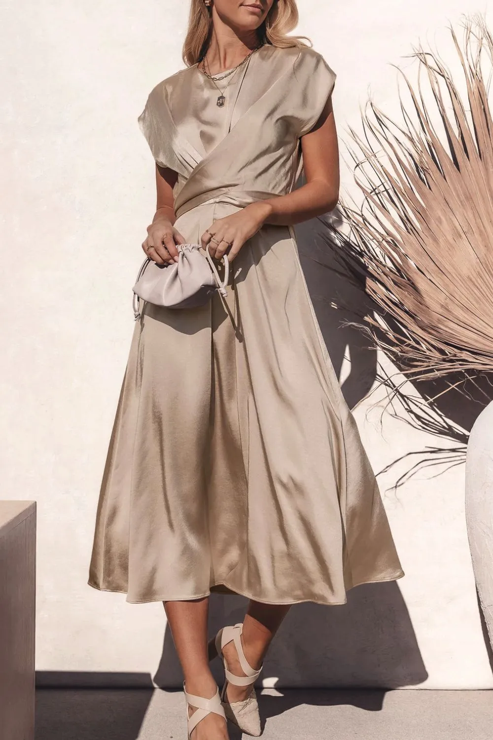 Satin Dress Short Sleeve Maxi Classy Sleek Cap Sleeve Tie Back Midi Dress Cocktail