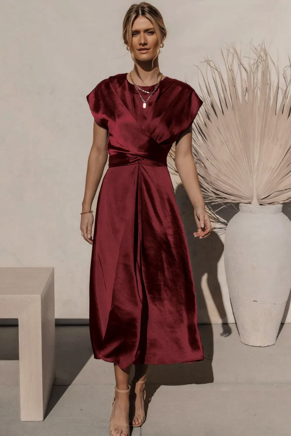Satin Dress Short Sleeve Maxi Classy Sleek Cap Sleeve Tie Back Midi Dress Cocktail