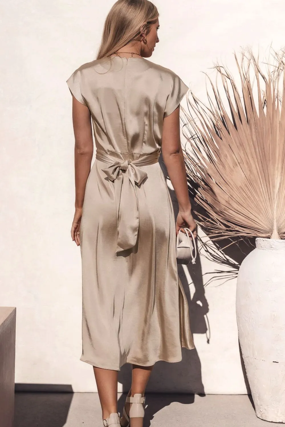 Satin Dress Short Sleeve Maxi Classy Sleek Cap Sleeve Tie Back Midi Dress Cocktail