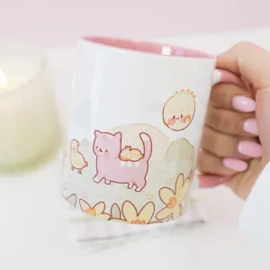Spring Scene Satsuma & Friends Mug | Kawaii Pastel Duck & Cat Coffee Cup | Cute Springtime Gift