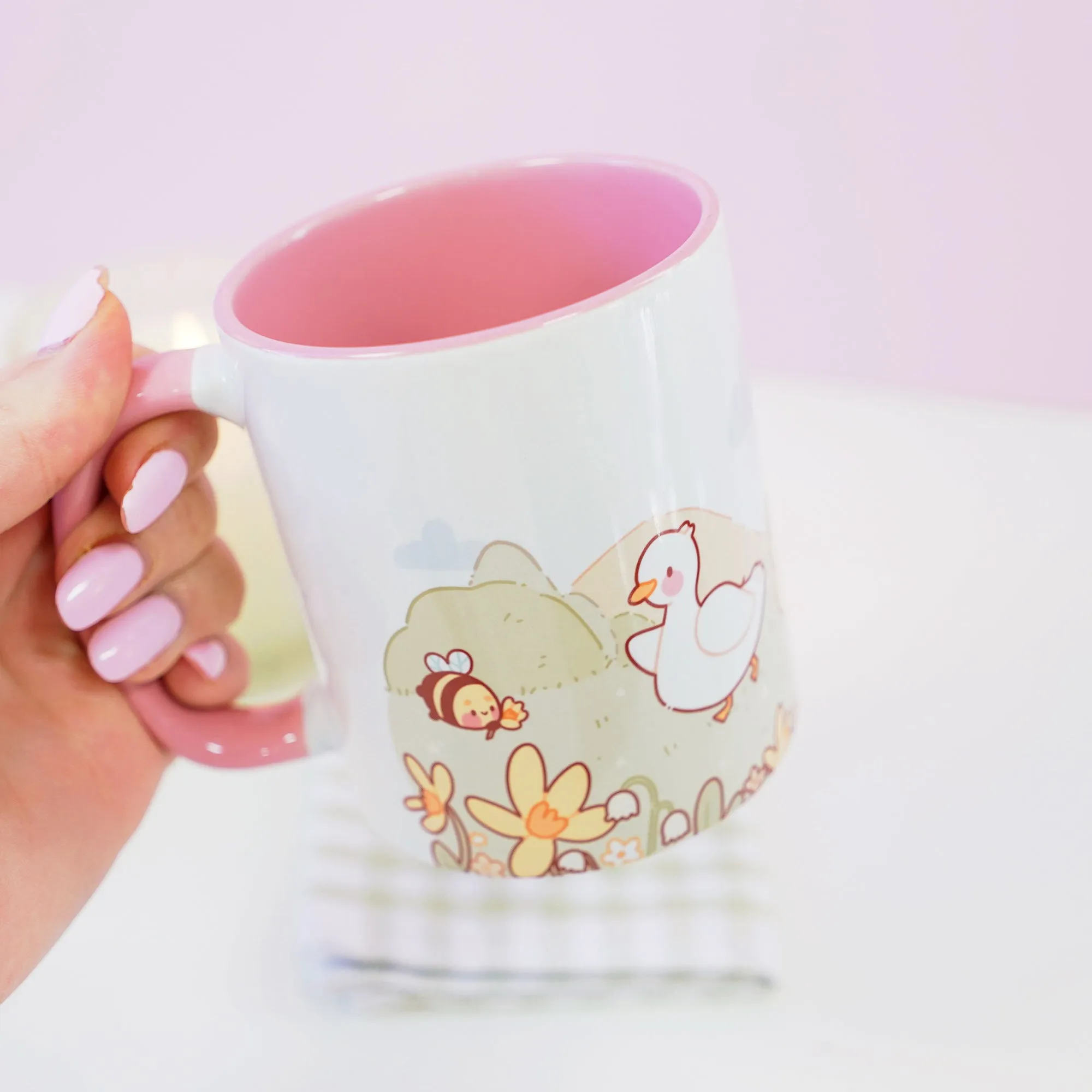 Spring Scene Satsuma & Friends Mug | Kawaii Pastel Duck & Cat Coffee Cup | Cute Springtime Gift