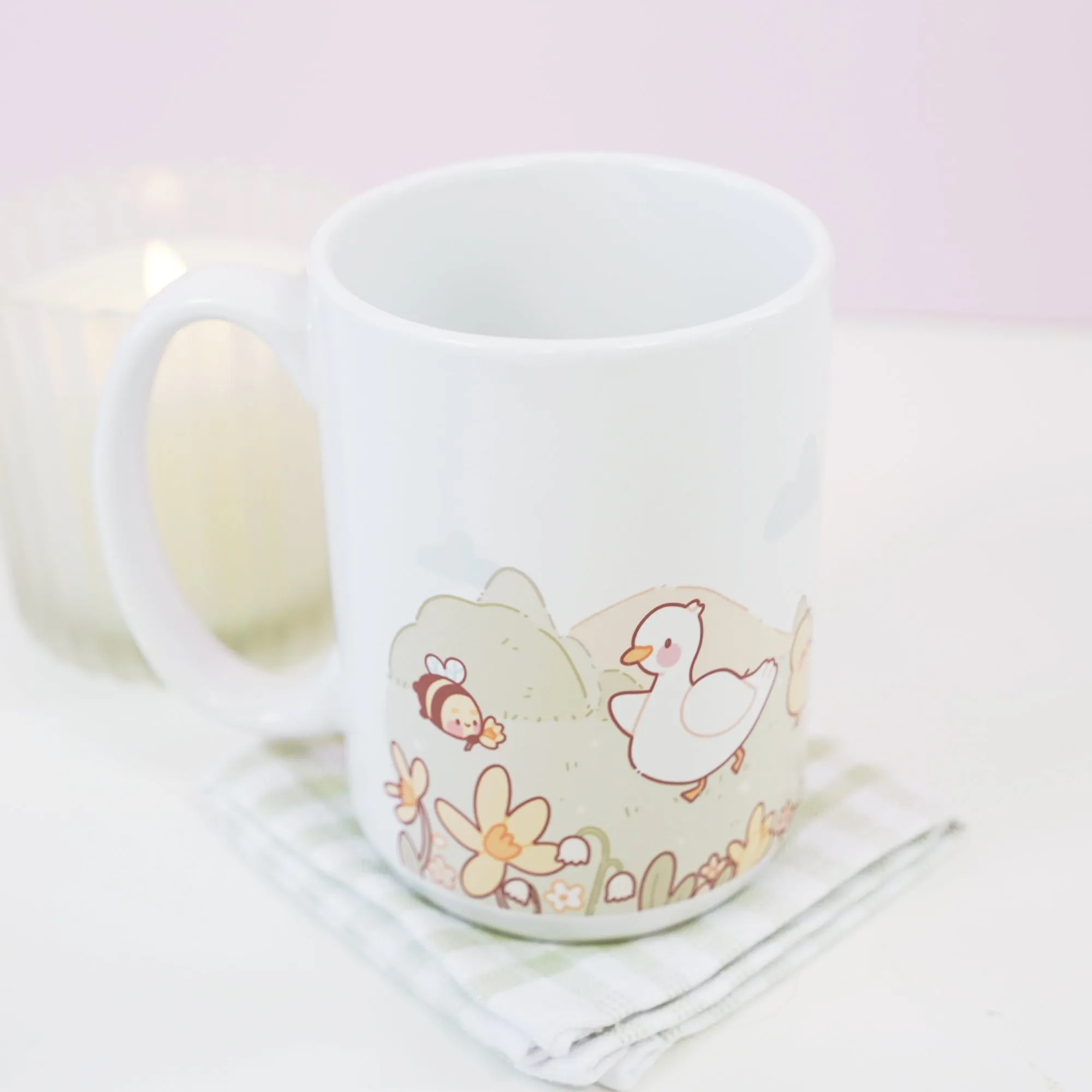 Spring Scene Satsuma & Friends Mug | Kawaii Pastel Duck & Cat Coffee Cup | Cute Springtime Gift