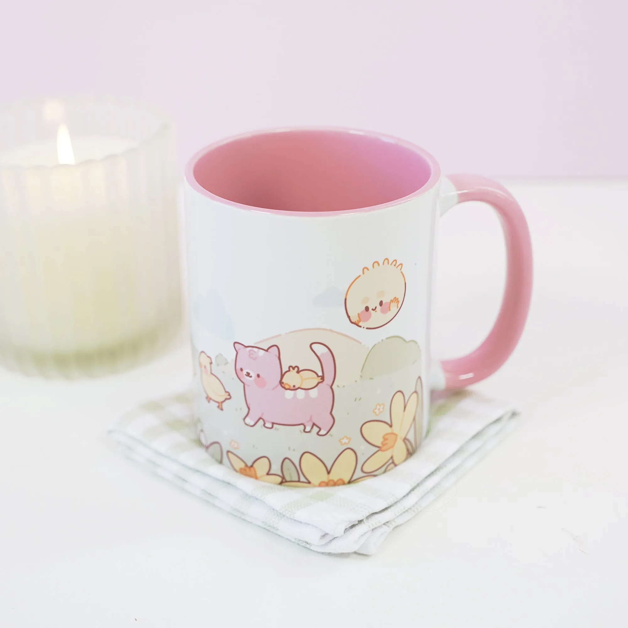 Spring Scene Satsuma & Friends Mug | Kawaii Pastel Duck & Cat Coffee Cup | Cute Springtime Gift