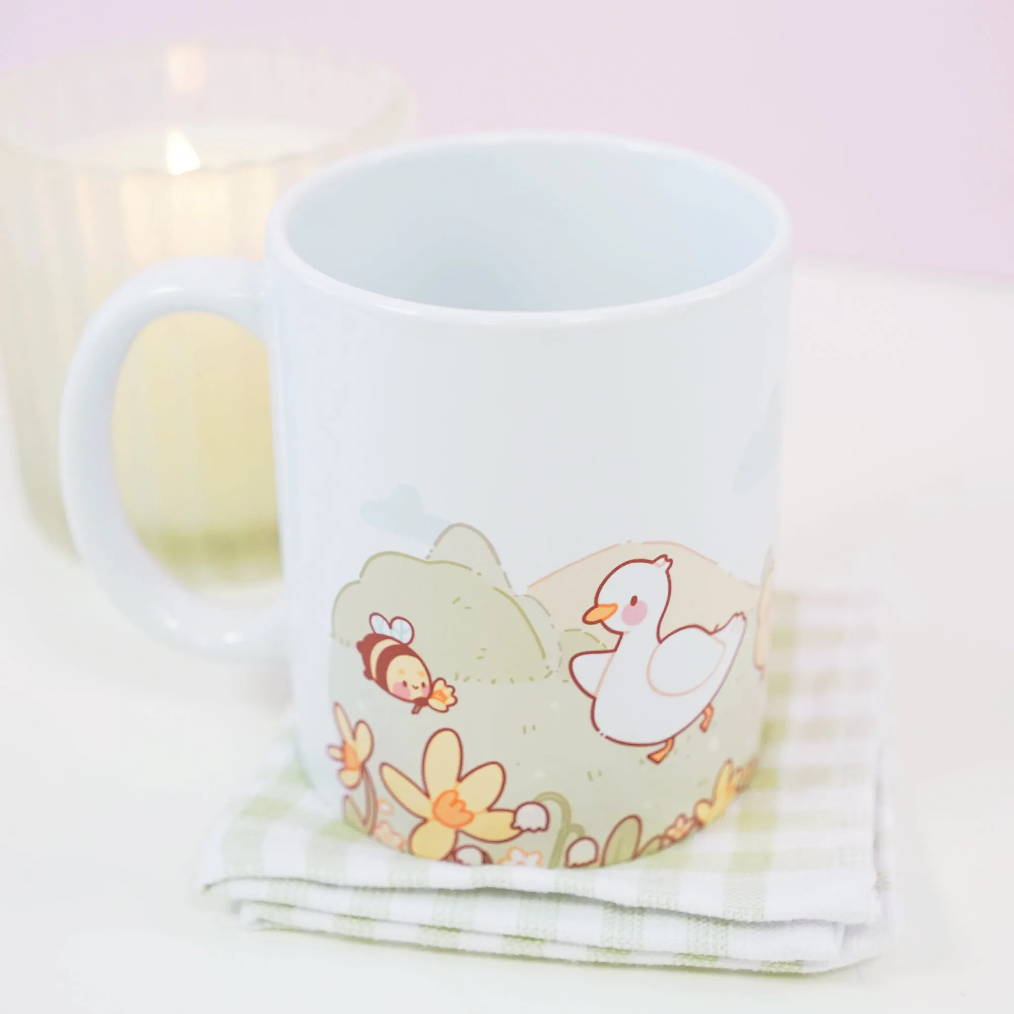 Spring Scene Satsuma & Friends Mug | Kawaii Pastel Duck & Cat Coffee Cup | Cute Springtime Gift