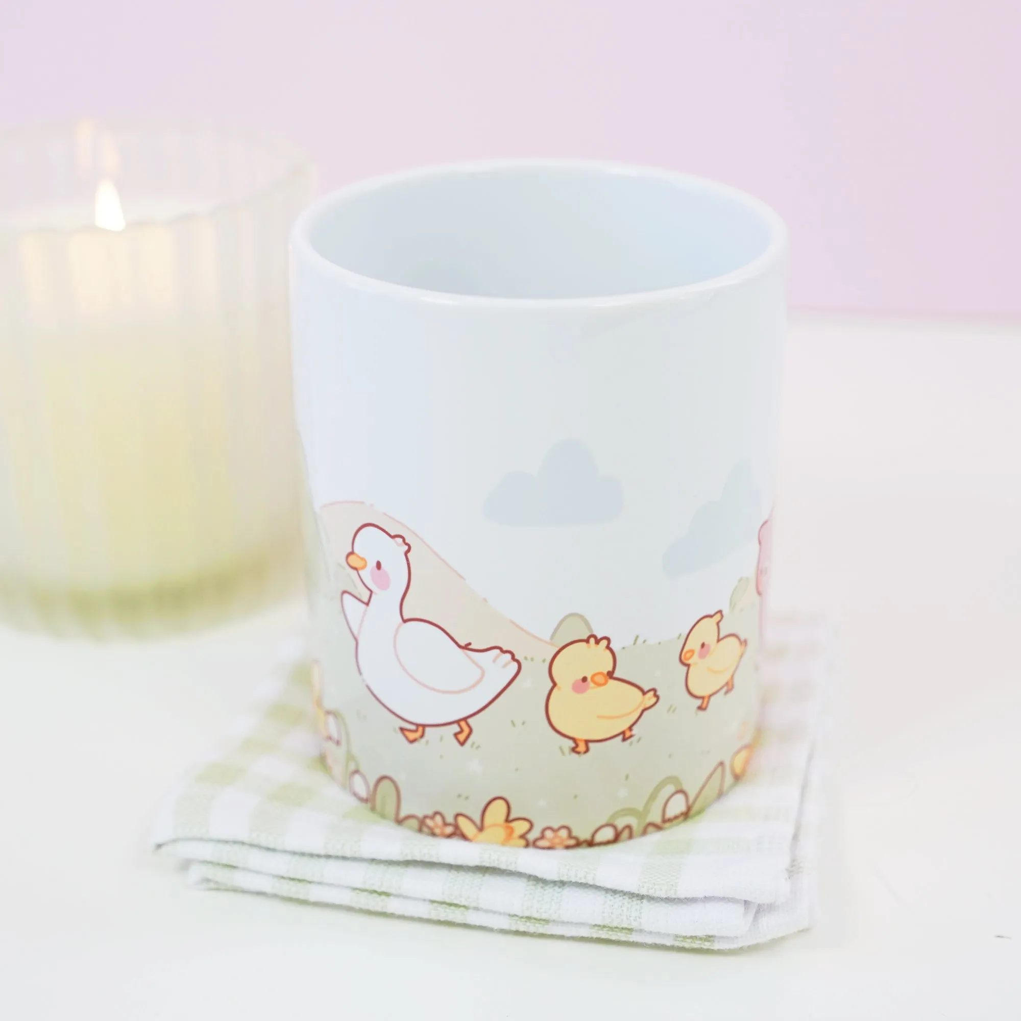 Spring Scene Satsuma & Friends Mug | Kawaii Pastel Duck & Cat Coffee Cup | Cute Springtime Gift