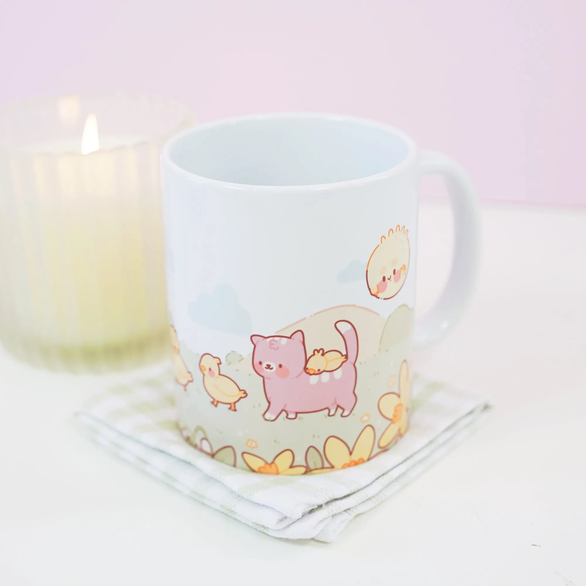 Spring Scene Satsuma & Friends Mug | Kawaii Pastel Duck & Cat Coffee Cup | Cute Springtime Gift
