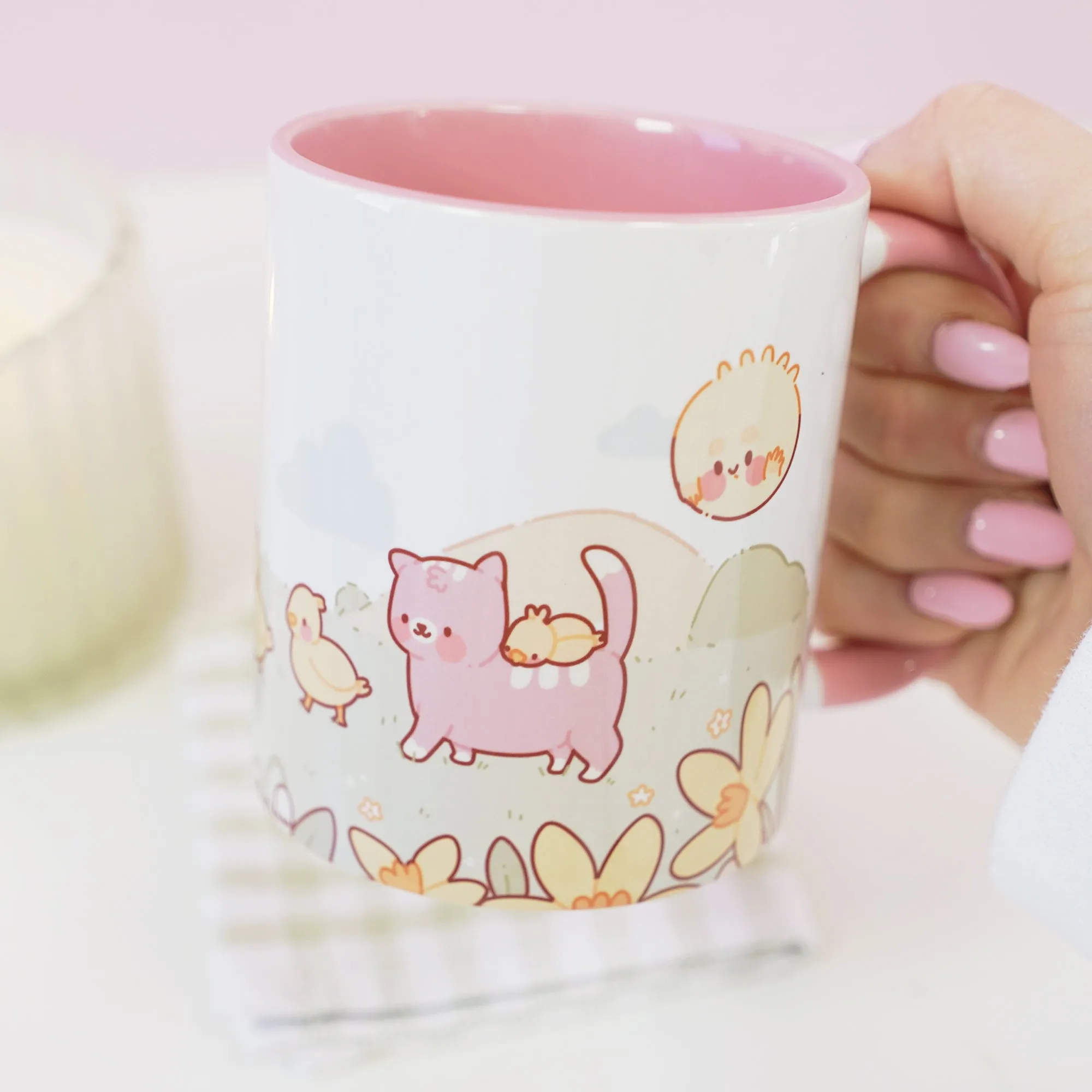 Spring Scene Satsuma & Friends Mug | Kawaii Pastel Duck & Cat Coffee Cup | Cute Springtime Gift