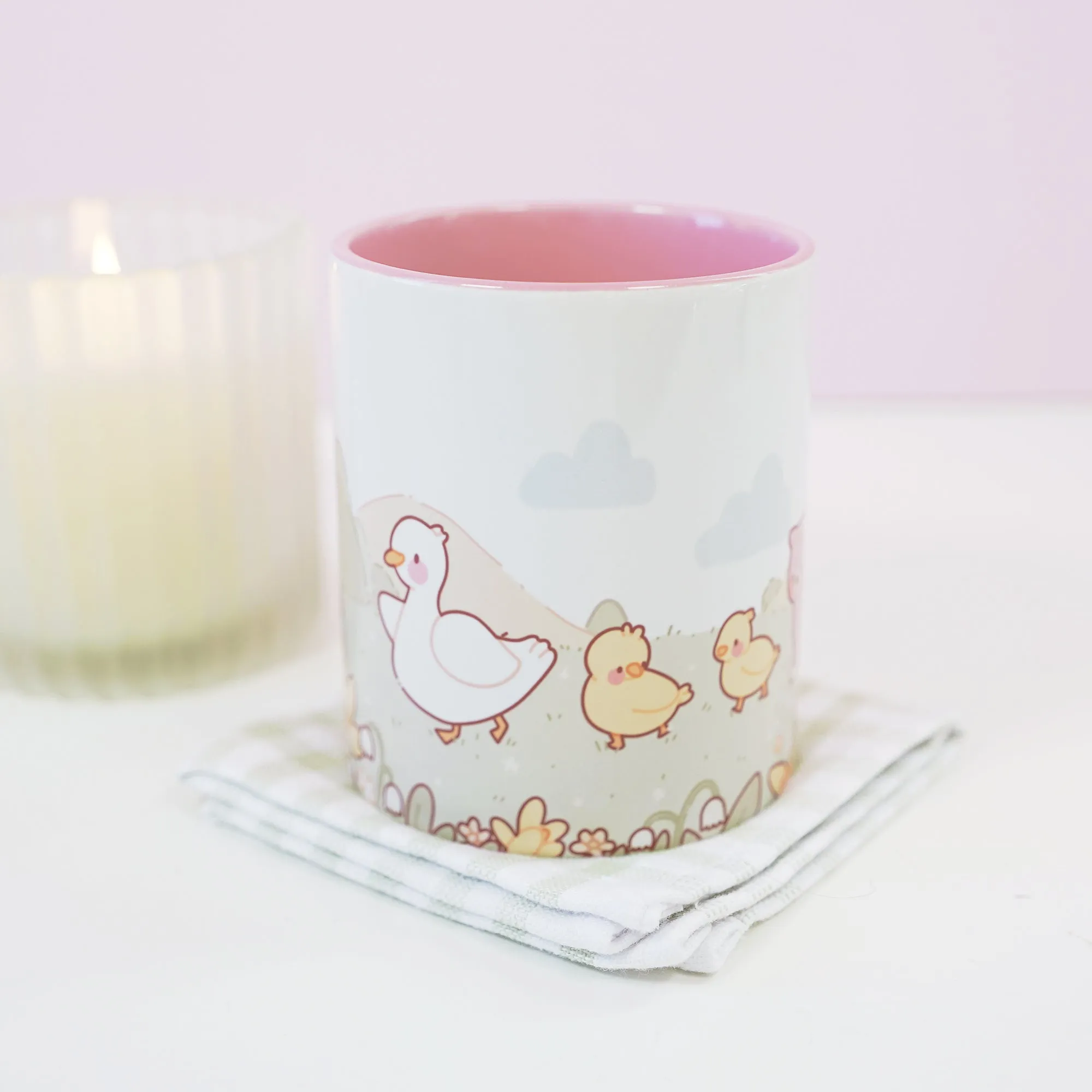 Spring Scene Satsuma & Friends Mug | Kawaii Pastel Duck & Cat Coffee Cup | Cute Springtime Gift