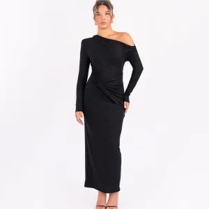 Women's One-Shoulder Long-Sleeve Bodycon Maxi Dress